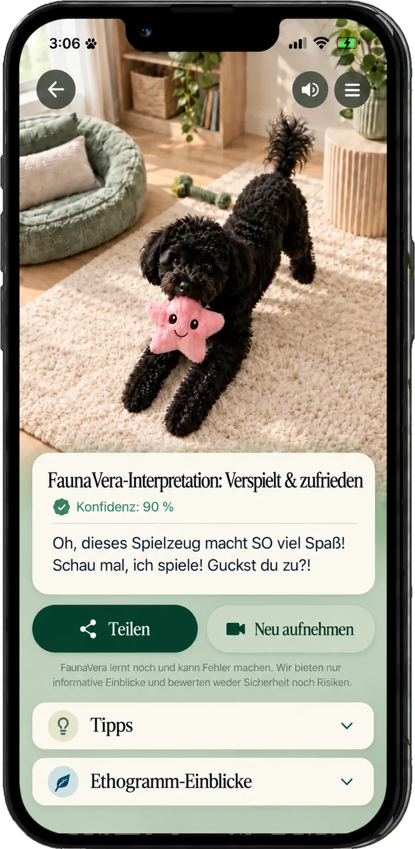 FaunaVera-Ergebnis mit Interpretation, Konfidenz, Stimme des Tieres, Tipps und Ethogramm-Einblicken
