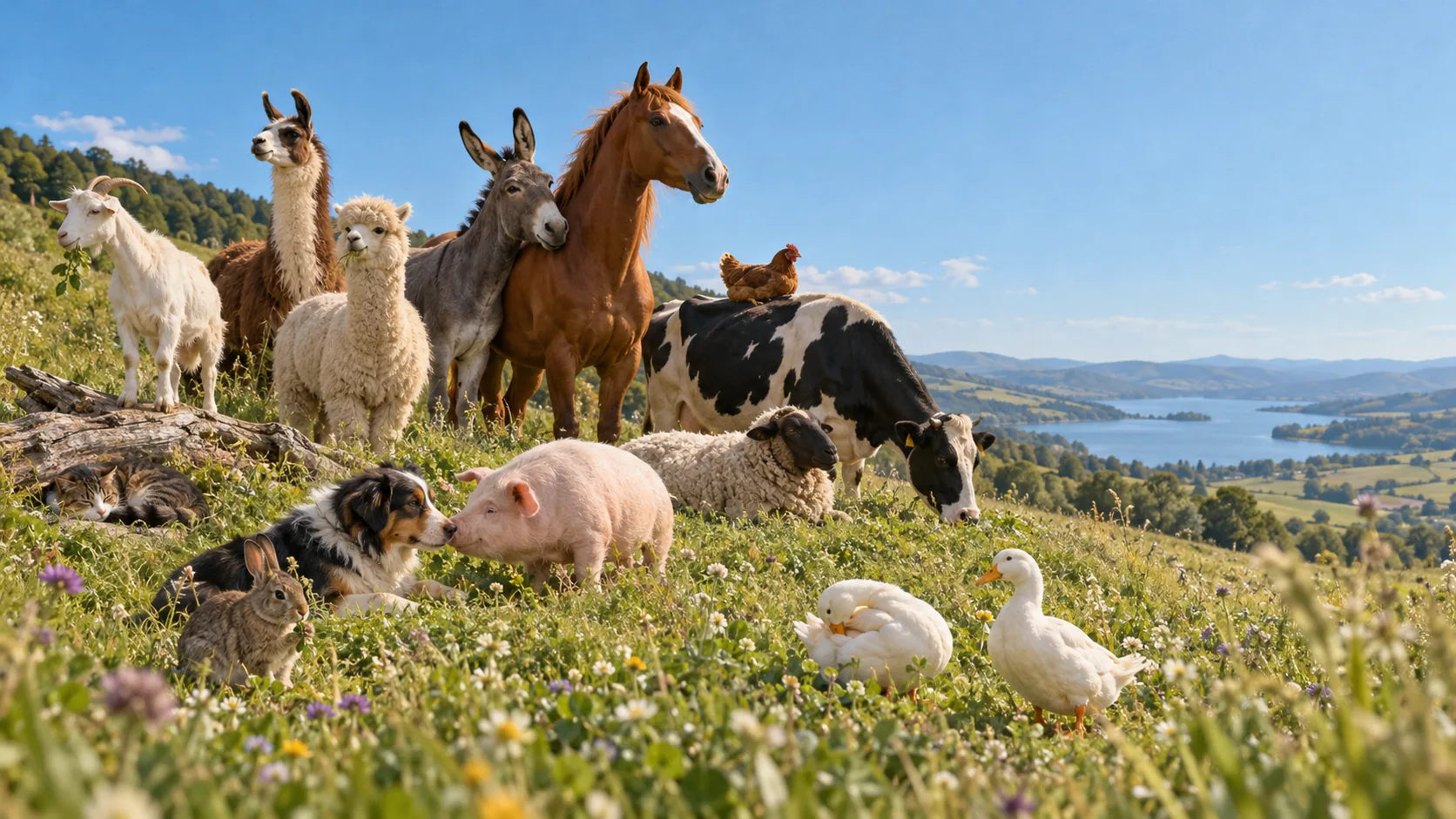 A dog, cat, horse, donkey, cow, sheep, goat, pig, chicken, ducks, rabbit, alpaca and llama together on a hillside meadow above a lake