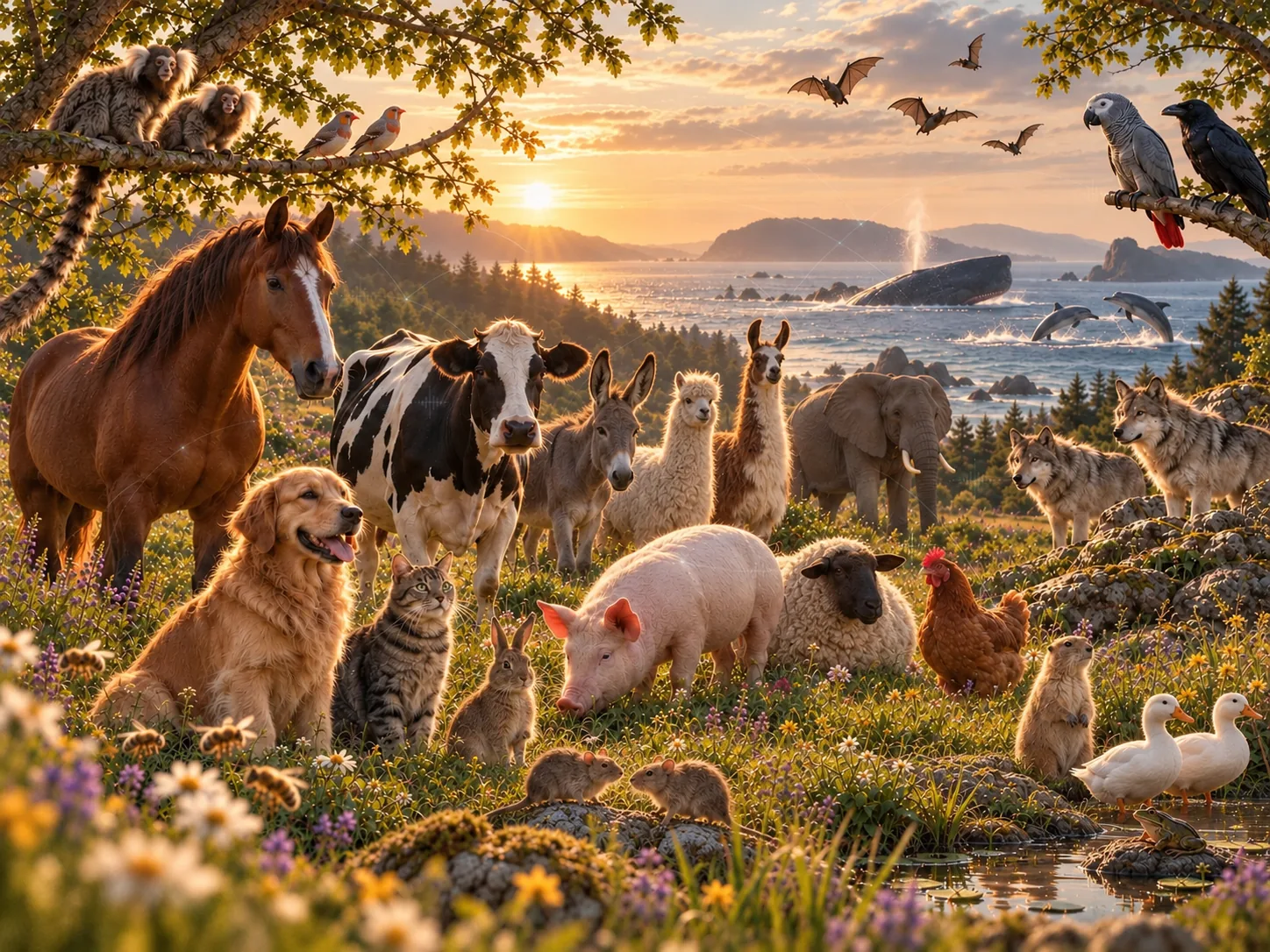 A wide range of companion, farmed and wild animals connected by communication signals